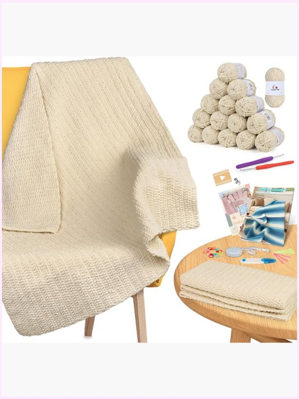 Complete Blanket Crochet Kit for Beginners with Chenille Yarn & Video Tutorial - Picture 1 of 6